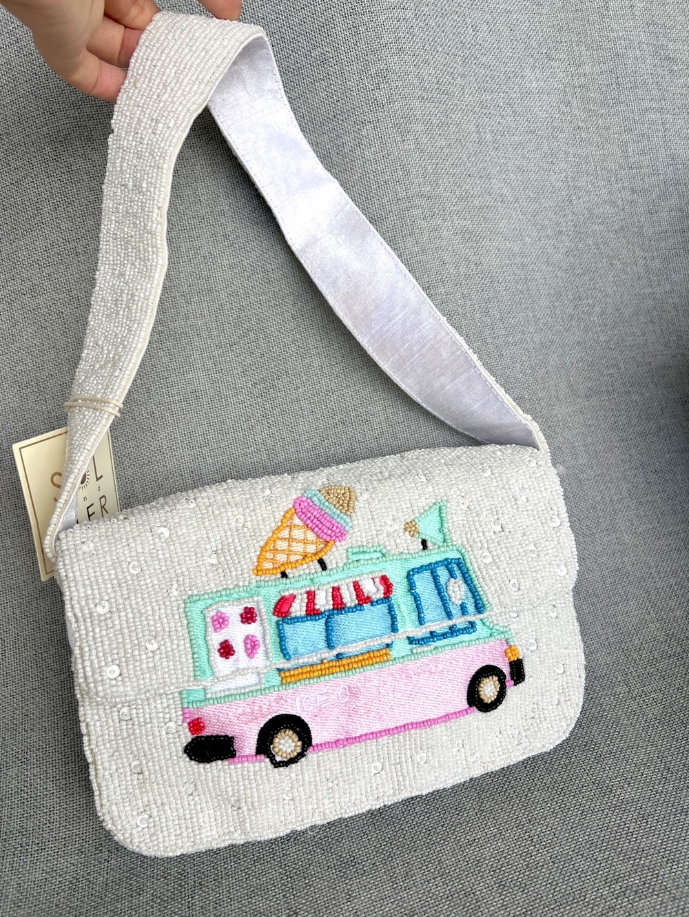 Sol and Mer beaded Ice truck shoulder flap bag white pink blue
